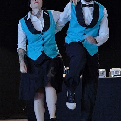 Cinque Ports Lindy Hoppers: Bexhill Vintage Fair at the De Le Warr Pavillion - June 2017 - Dapper Dru & Sugarfoot Sophie performing the Opus One routine (off camera: Gypsy John & Krazy Karen) - Photo by Dominique Huxley