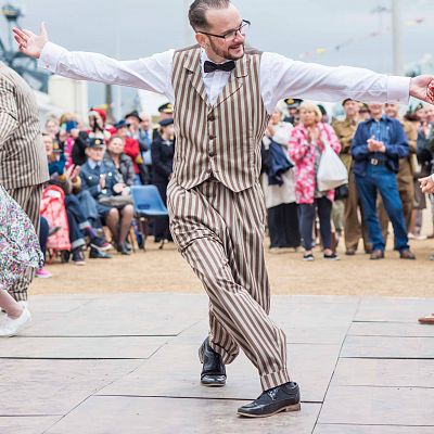 Cinque Ports Lindy Hoppers: Chatham Salute to the 40s - September 2016 - Dapper Dru dancing at the Grand Finale on the Saturday evening - Photo by Chris Pickett Photography