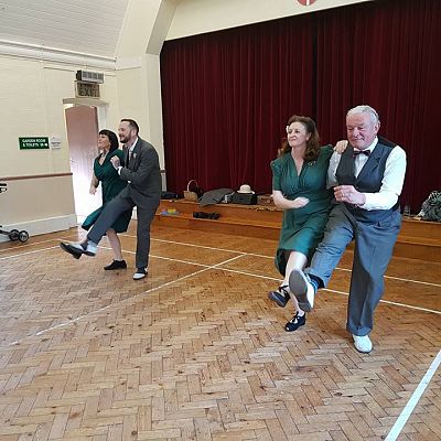 Cinque Ports Lindy Hoppers: Performing for the golden Marigold Club in Bexhill, October 2017 - Gypsy John, Krazy Karen, Sugarfoot Sophie and Dapper Dru (me) performing the 'Opus One' routine (side by side charleston section) - Photo by Golden Marigold Club Bexhill