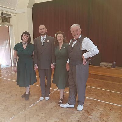 Cinque Ports Lindy Hoppers: Performing for the golden Marigold Club in Bexhill, October 2017 - L-to-R: Sugarfoot Sophie, Dapper Dru (me), Krazy Karen and Gypsy John after the performance - Photo by Golden Marigold Club Bexhill