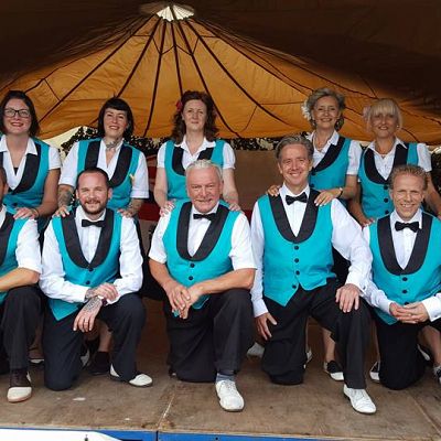 Cinque Ports Lindy Hoppers: Isle of Wight - Havenstreet 1940s Weekend - July 2017 - The 2017 Isle of Wight troupe on cocktail waitors outfits featuring (l to r): Nikkie & Karl, Sophie & Dru, Karen & John, Terri & Mark, Louise & Al