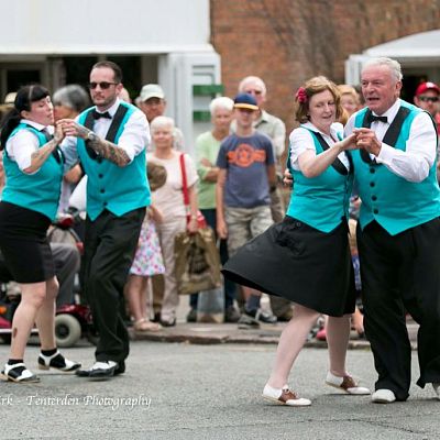 Cinque Ports Lindy Hoppers: Rye Jazz Festival August 2015 - Street performing the Opus One routine at the 2015 Rye Jazz Festival - Sugarfoot Sophie, Dapper Dru, Krazy Karen & Gypsy John - Photo by Stuart Kirk - Tenterden Photography