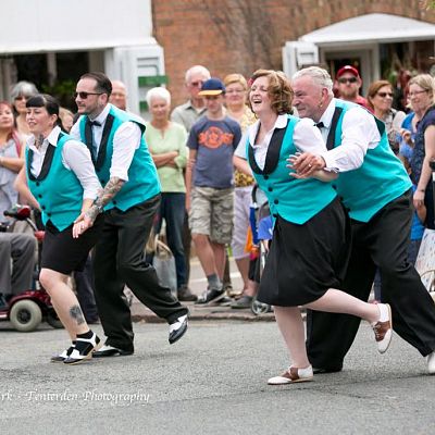 Cinque Ports Lindy Hoppers: Rye Jazz Festival August 2015 - Street performing the Opus One routine at the 2015 Rye Jazz Festival - Sugarfoot Sophie, Dapper Dru, Krazy Karen & Gypsy John - Photo by Stuart Kirk - Tenterden Photography