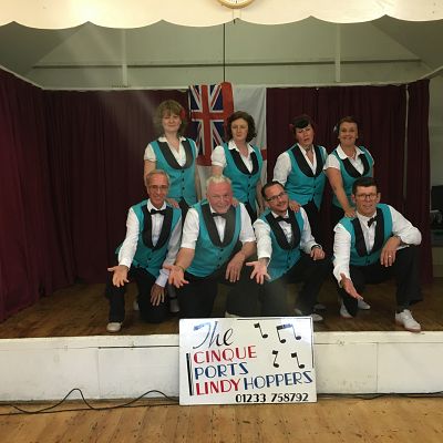 Cinque Ports Lindy Hoppers: Queens 90th Birthday celebrations, Sissinghurst - June 2016 - Lindy Legs Laura & Al Anchovy, Gypsy John & Krazy Karen, Dapper Dru & Sugarfoot Sophie, Doodlebug Donna & Tall Paul posing on stage