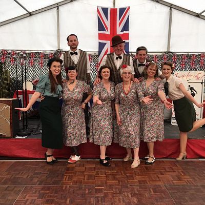 Cinque Ports Lindy Hoppers: Tenterden KESR 1940s Steam weekend May 2016 - In deckchair suits with Miss holiday Swing and one of 'My favourite Things'