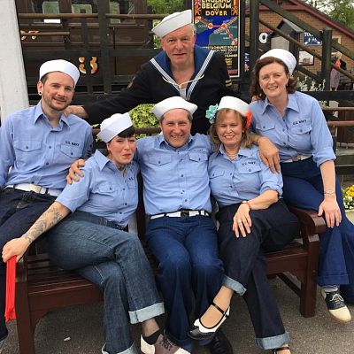 Cinque Ports Lindy Hoppers: Tenterden KESR 1940s Steam weekend May 2016 - Messing about in Deck Sailor outfits: Jim & Jenny, Dapper Dru & Sugarfoot Sophie, Gypsy John & Krazy Karen