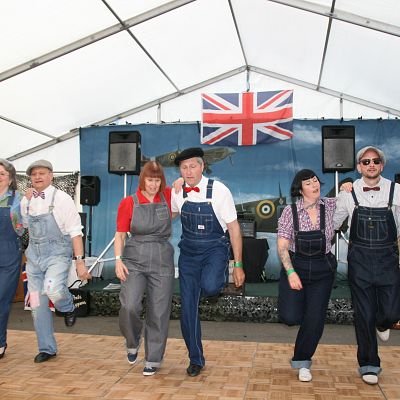 Cinque Ports Lindy Hoppers: Tenterden KESR 1940s Steam weekend May 2018 - Cinque Ports Lindy Hoppers performing the 'Mr Ghost' routine in the 'Share Croppers' costumes - Photo by Philip Lindhurst