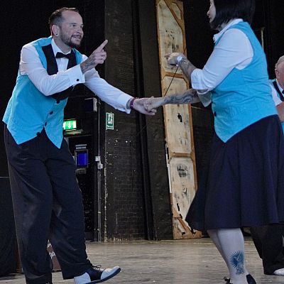 Cinque Ports Lindy Hoppers: Bexhill Vintage Fair at the De Le Warr Pavillion - June 2017 - Dapper Dru & Sugarfoot Sophie performing the Opus One routine (off camera: Gypsy John & Krazy Karen) - Photo by Dominique Huxley