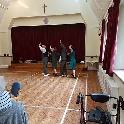Cinque Ports Lindy Hoppers: Performing for the golden Marigold Club in Bexhill, October 2017 - Gypsy John, Krazy Karen, Sugarfoot Sophie and Dapper Dru (me) performing the 'Papa's In Bed' routine - Photo by Golden Marigold Club Bexhill