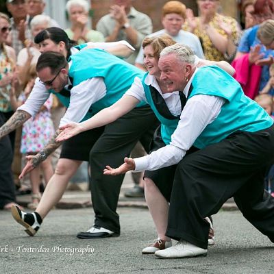 Cinque Ports Lindy Hoppers: Rye Jazz Festival August 2015 - Street performing the Opus One routine at the 2015 Rye Jazz Festival - Sugarfoot Sophie, Dapper Dru, Krazy Karen & Gypsy John - Photo by Stuart Kirk - Tenterden Photography