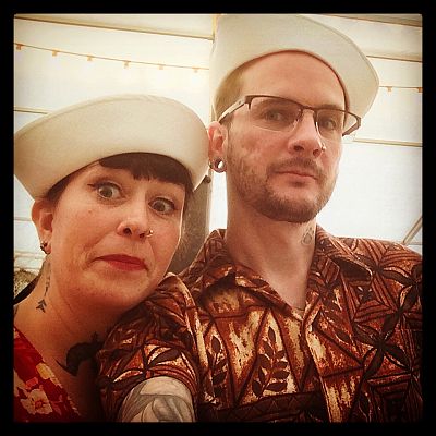 Cinque Ports Lindy Hoppers: Tenterden KESR 1940s Steam weekend May 2015 - Dapper Dru & Sugarfoot Sophie as Hawaiian sailors