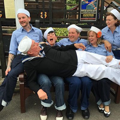Cinque Ports Lindy Hoppers: Tenterden KESR 1940s Steam weekend May 2016 - Messing about in Deck Sailor outfits: Jim & Jenny, Dapper Dru & Sugarfoot Sophie, Gypsy John & Krazy Karen