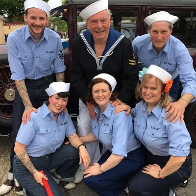 Cinque Ports Lindy Hoppers: Tenterden KESR 1940s Steam weekend May 2016 - Messing about in Deck Sailor outfits: Jim & Jenny, Dapper Dru & Sugarfoot Sophie, Gypsy John & Krazy Karen