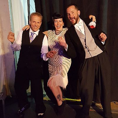 Cinque Ports Lindy Hoppers: War and Peace Revival 2017 at the Hop Farm, Kent - Al, Sophie and Dru in the wings in the Victory Marquee for cabaret on the Saturday night - Photo by Louise Pietrzykowska